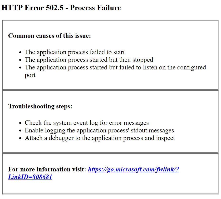 IIS HTTP Error 502.5 in ASP.NET Core