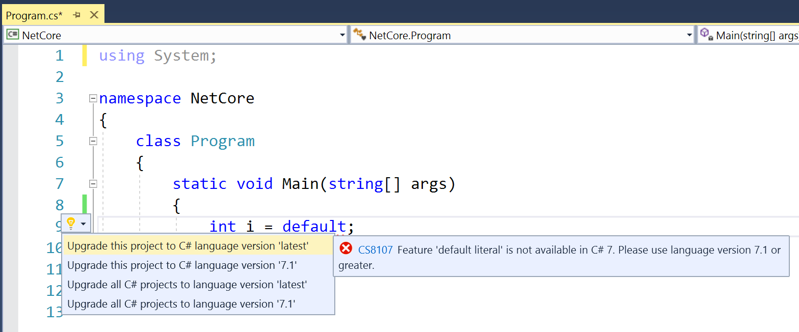 Enable C# 7.1 through lightbulb code fix