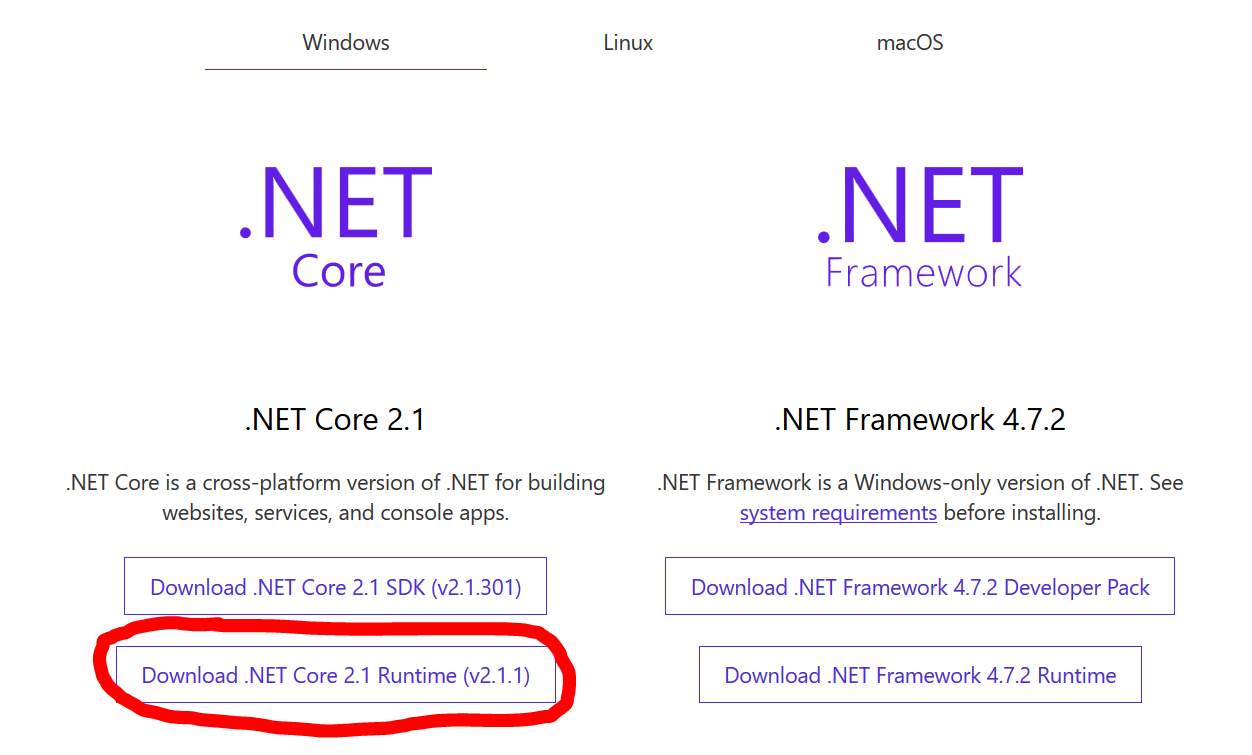 .NET Core 2.1 Runtime Download