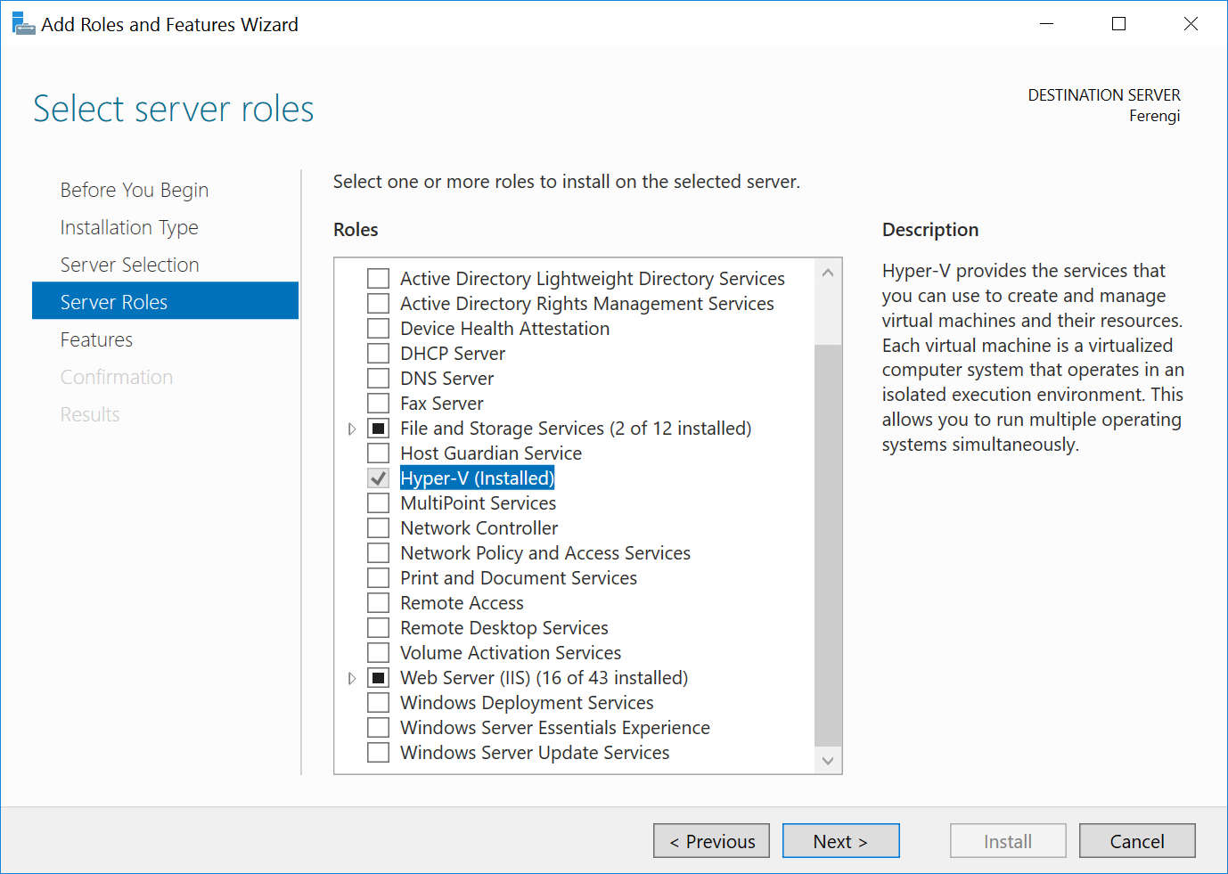 Install Hyper-V on Windows Server 2016