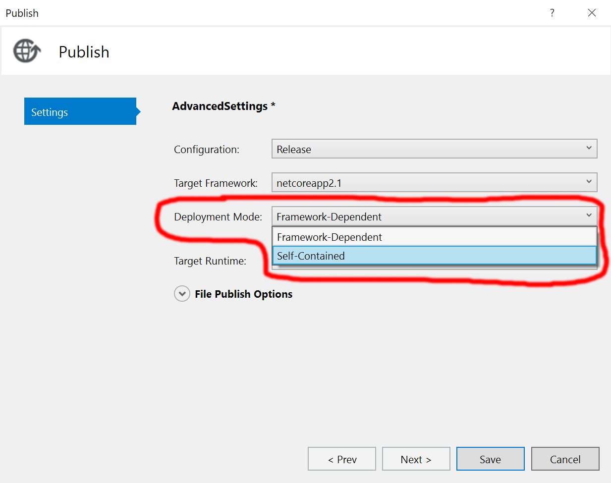 .NET Core Publish Settings - Deployment Mode